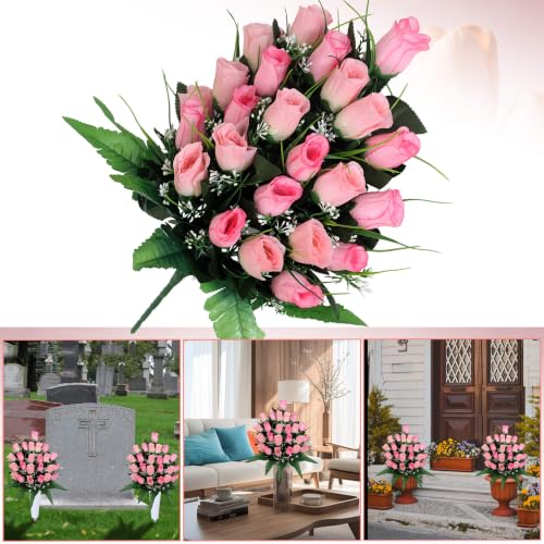 Artificial Cemetery Flowers with Vases - 2 Sets of Memorial Rose Bouquets