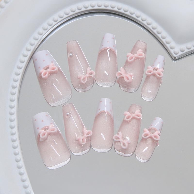 Valentine Press on Nails Medium Square White French Tip with Bow and Heart Rhinestones