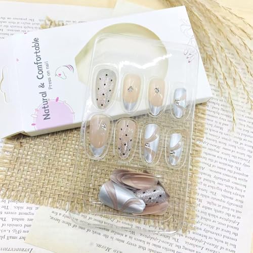 French Tip Press on Nails Medium Almond Polka Dot Ribbon Rhinestone