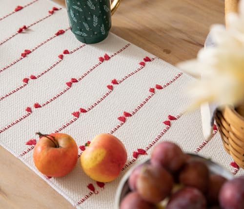Caflife Christmas Table Runner 13x72 Inch Boho Red & Beige Cotton with Tassels