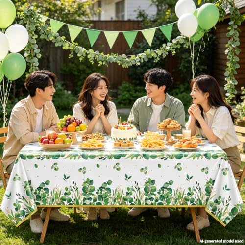 TJYJOY 3-Pack Sage Green Eucalyptus Leaf Plastic Tablecloths 51x86 In
