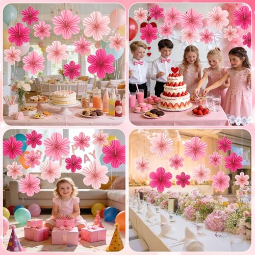 JULBEAR 12pcs Pink Paper Fans Hanging Ornaments for Party Decorations