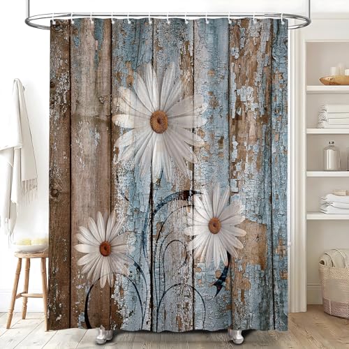 Rustic Floral Shower Curtain - White Daisy & Vintage Barn Design, 70x70 Inches