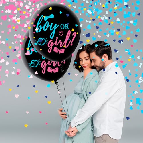 Black Bow Gender Reveal Balloons - 36 Inch Set with Confetti