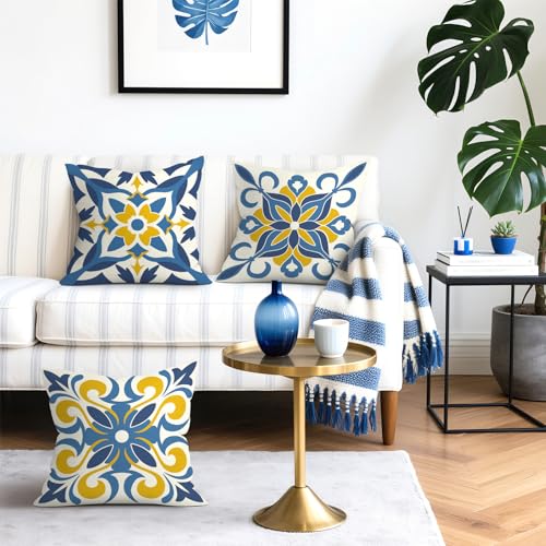 Blue Mediterranean Floral Throw Pillow Covers Set of 4 - 16"x16" (Boho-03)
