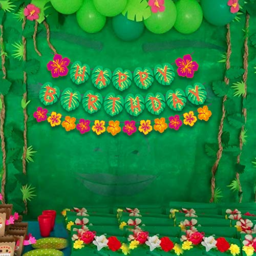 Tropical Luau Happy Birthday Banner with Palm Leaves & Flowers