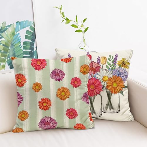 Vibrant Daisies Throw Pillow Covers Set of 4 - 18x18 Inch Floral Decor