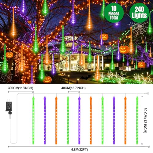 Outdoor LED Meteor Shower Icicle Lights - 12-inch Waterproof String Lights with 10 Tubes - Orange Purple Green Variation