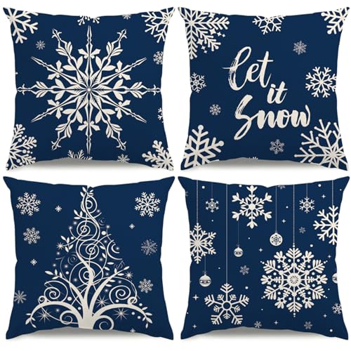 Set of 4 Snowflake Christmas Pillow Covers - Soft Polyester Holiday Decor