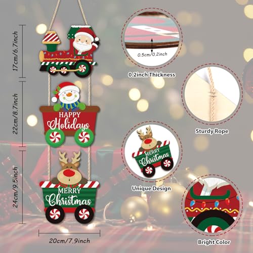 Christmas Train Door Decor Set - Santa Snowman Reindeer Wreath Holiday Welcome Sign - 3 Pieces