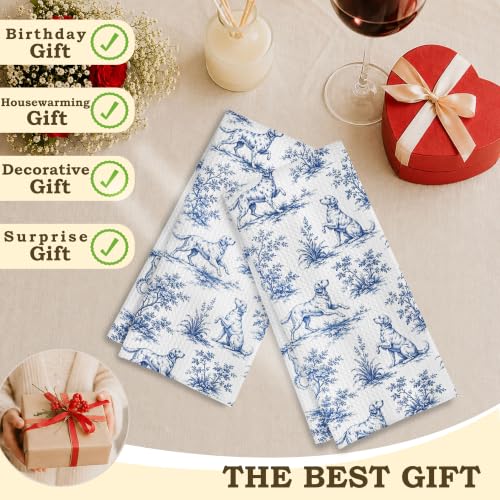 Chinoiserie Golden Retriever Kitchen Towel, Blue and White Porcelain Print