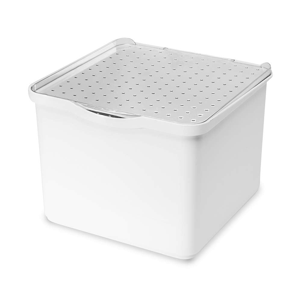madesmart Small Stacking Lid Bin, Clear-Lid Organizer for Makeup, Cotton Balls, Hair Accessories & Bathroom Essentials, Stackable Storage Bin, White