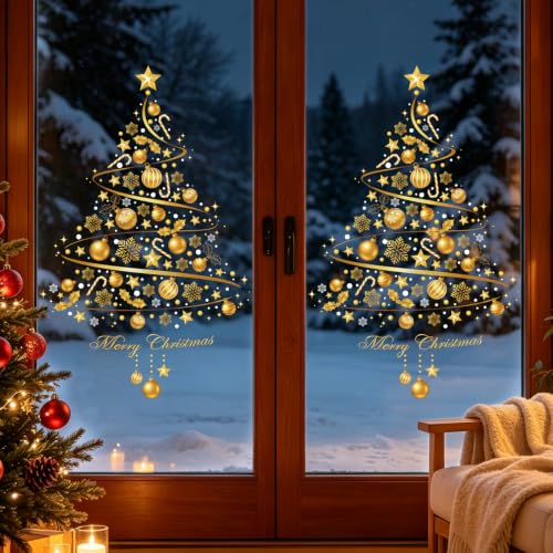 Golden Christmas Tree Window Cling Sticker for Glass - Reusable Holiday Decor