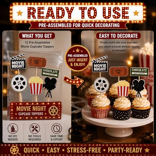 Movie Night Cupcake Toppers - 12PCS Glitter Decorations