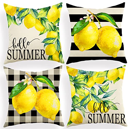 Lemon Watercolor Stripes Throw Pillow Covers Set of 4 - 18x18 Inch