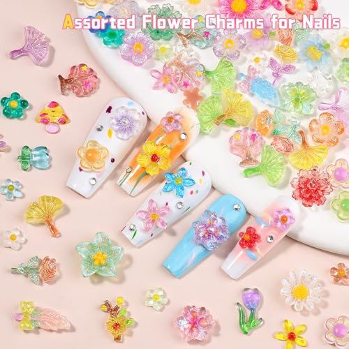 Kikonoke 200PCS Clear Glitter Flower Nail Charms 3D Resin Floral Art