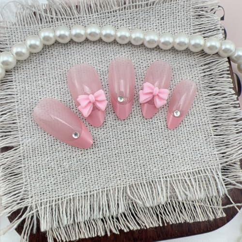 ZOAZJINAZ 3D Bow Medium Almond Press On Nails Pink French Tips Rhinestone False Nails