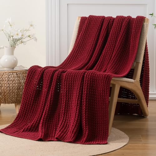 Red Knit Throw Blanket 50x60 Inches Cozy Waffle Couch Blanket - Bunnikins & Clover