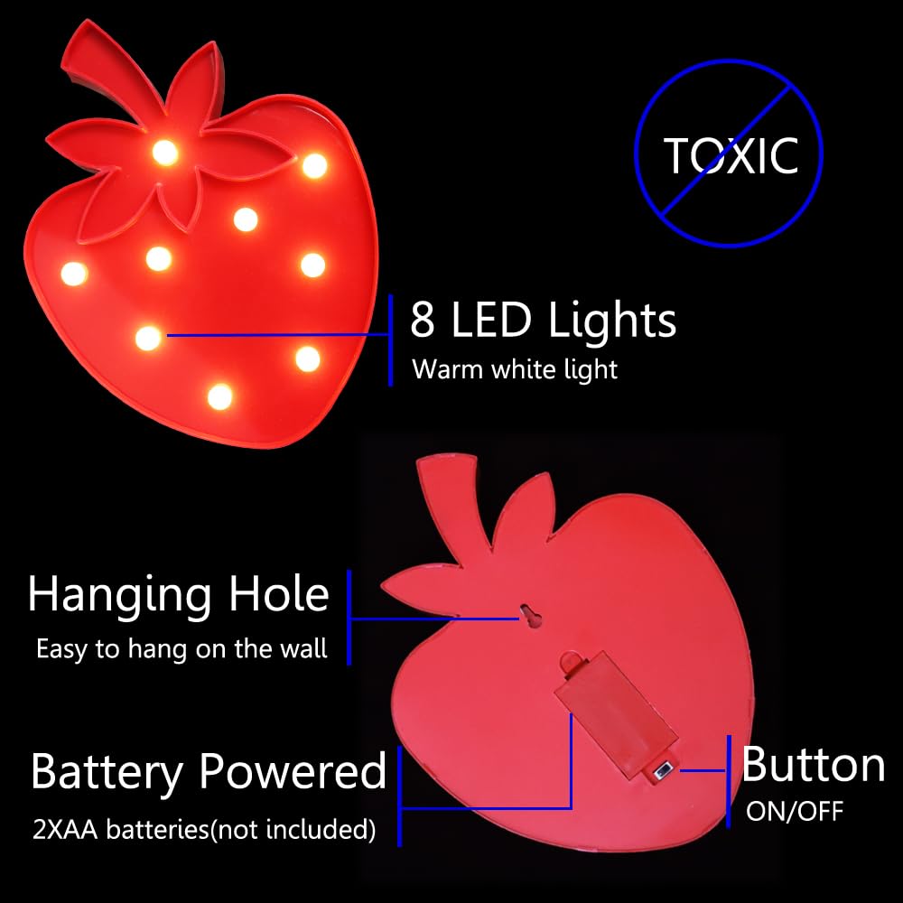 Vicila Strawberry Night Lights LED Marquee Signs, Battery Operated Strawberry Shaped Lamp for Christmas Kids, Baby, Child, Girl Gift, Nursery Room, Wall Decor- Strawberry