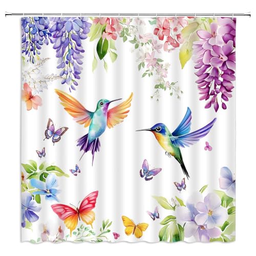 Watercolor Flowers Hummingbird Shower Curtain 70" x 70"
