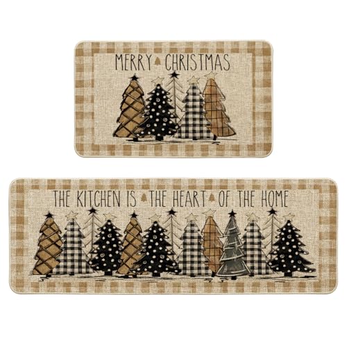 Buffalo Plaid Xmas Tree Kitchen Mats Set of 2 - Brown & Beige, 17x29 & 17x47 Inches