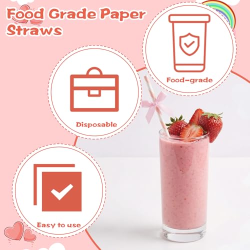20 Pcs Pink Bow Paper Straws - Eco-Friendly 7.7" Straws for Parties