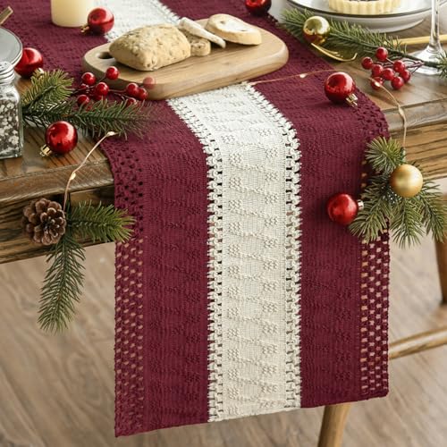Red Farmhouse Woven Table Runner 12x72 Inch - Durable Cotton Polyester Decor