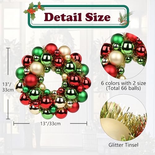 13-Inch Christmas Ball Wreath with Glitter Ornaments - Gold, Red & Green