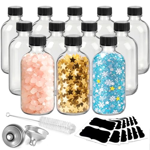 Showvigor 12 Pack Mini Glass Shot Bottles with Caps and Funnels