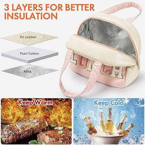 Insulated Lunch Bag for Women and Men - PU Leather Small Office Tote with Variation B-White&Pink