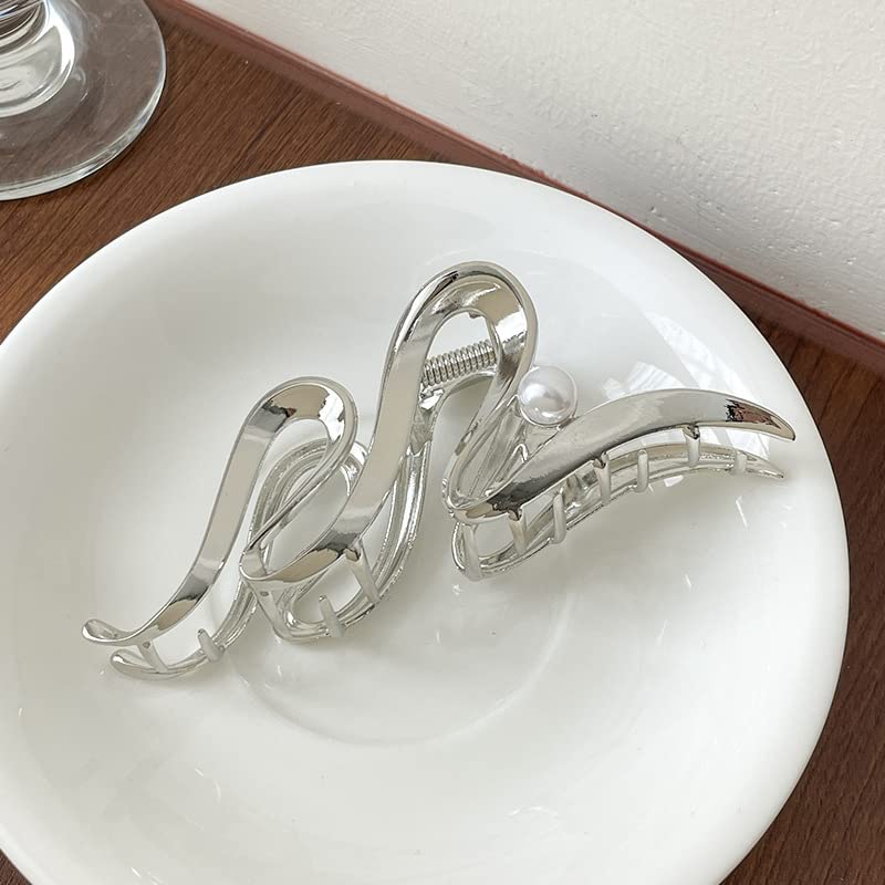 Silver Metallic Ribbon Pearl Hair Claw Clip Large Non-Slip Hair Clamp