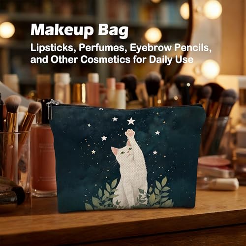 Starry Night Cat Makeup Bag Whimsical Linen Cosmetic Pouch