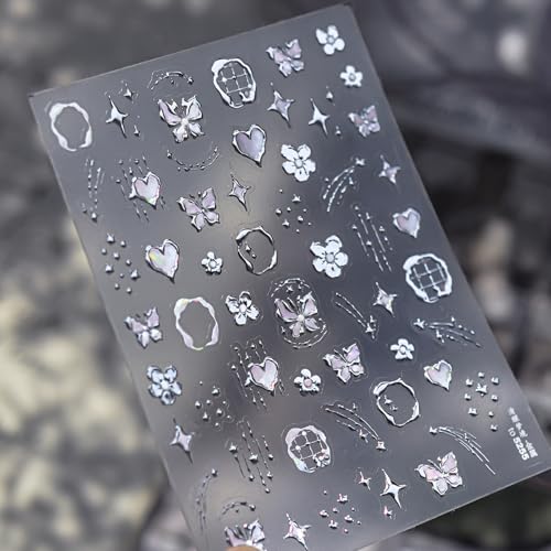 5D Embossed Silver Flower Nail Stickers Bohemian Butterfly Nail Art Decals