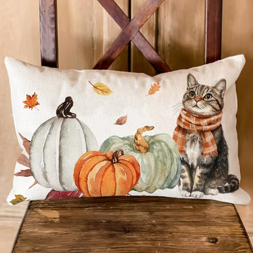 Fall Lumbar Pillow Cover 12x20 Cat and Pumpkin Autumn Farmhouse Decor