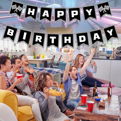 Race Car Birthday Banner - Black & White Checkered Flag Decoration