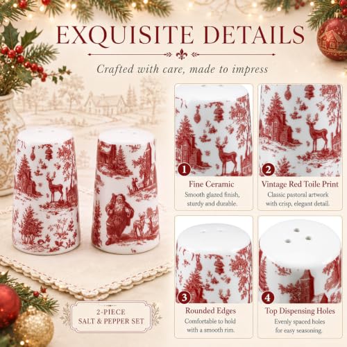 Vesici 2 Pcs 3 Inch Vintage Christmas Red & White Toile Salt and Pepper Shakers
