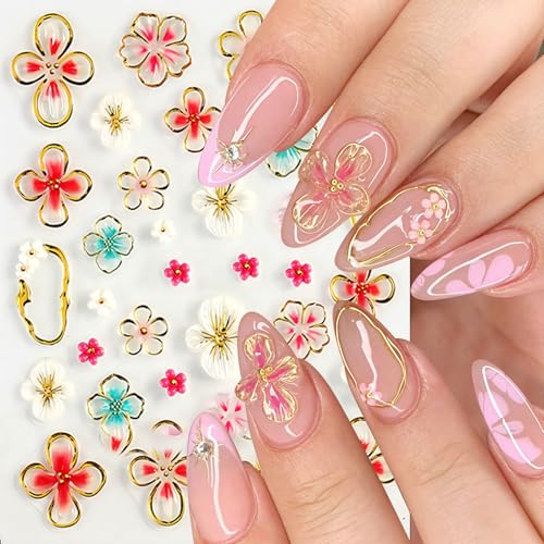 5D Embossed Hawaiian Flower Nail Stickers Lily Hibiscus Decals (4 Sheets)