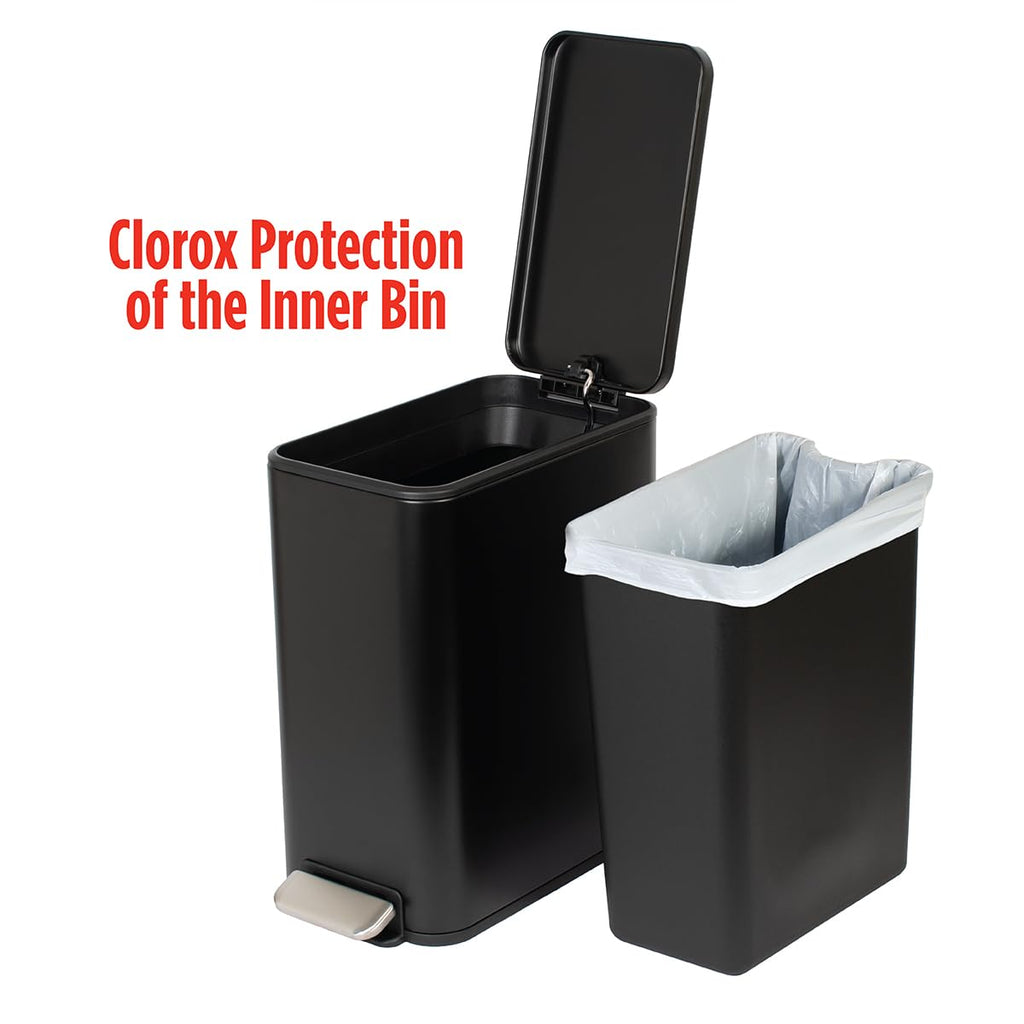 Glad Slim Bathroom Trash Can - Small Garbage Pail with Soft Close Lid & Step Foot Pedal | Narrow Black Metal Waste Basket with Removable Inner Bucket, 2.6 Gallon