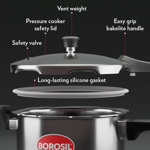 Borosil 5 L Triply Outerlid Presto Cooker | SS304 Food Grade Stainless Steel Pressure Cooker | Gas Stove & Induction Compatible | Dishwasher Safe | 5 Years Warranty