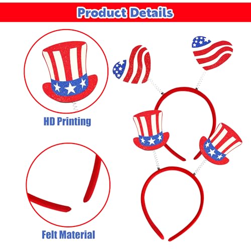 AEGYPIUS 4th of July Headband 2 Pcs Patriotic Red White and Blue Heart Hat