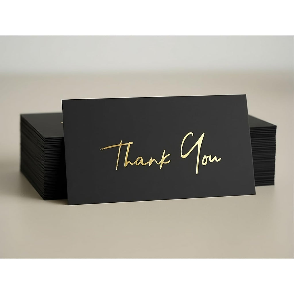 MIZENA Thank You Cards 100 Pack – 3.5x2” Black Cards with Gold Hot Foil – Ultra Thick 350 GSM Premium Thank You Inserts for Small Business Packaging & Wedding Gifts – Blank White Back