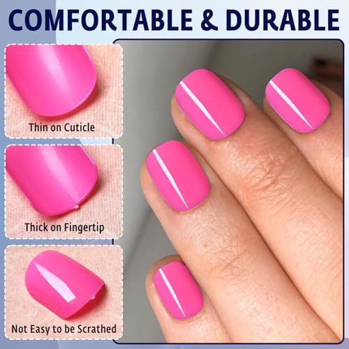 Short Press on Nails Hot Pink Square Glossy Fake Nails Kit