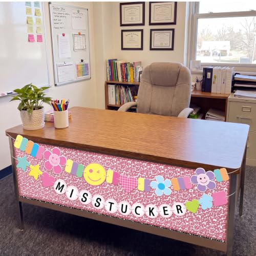 Pink Teacher Desk Skirt Wrap with Smile Face Banner - 71"x24"