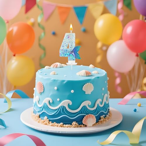Mermaid Number 4 Candle - Blue Tail Cake Topper for Birthdays