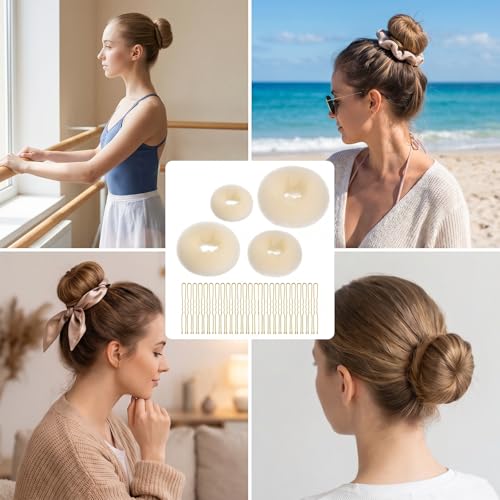 HJZHII Hair Bun Maker Set with 4 Sizes Sponge Donuts and 20 Bobby Pins Cream