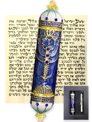 Royal Blue Mezuzah with Hand-Painted Enamel & Scroll – Easy Install