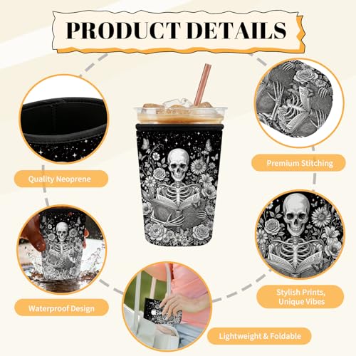 Skeleton Reading Iced Coffee Cup Sleeve 3-Pack - Gothic Book Lover Gift 01