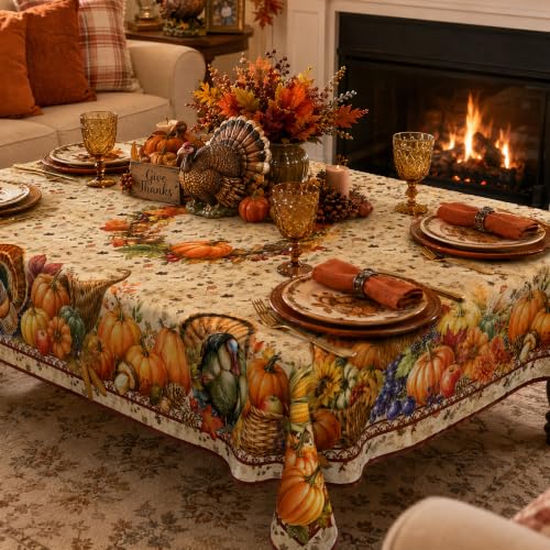 Thanksgiving Tablecloth 60x104 Inch Fall Harvest Border Waterproof Polyester