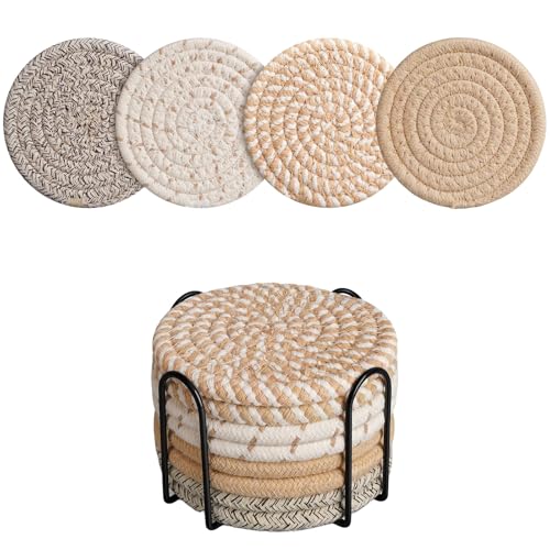 CHIYOSING Set of 8 Cotton Woven Coasters with Holder, Absorbent & Durable