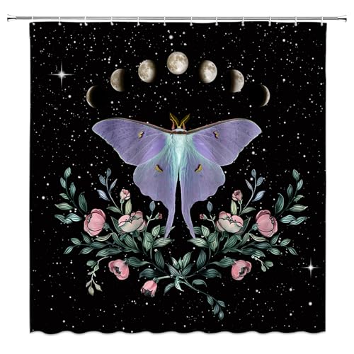 Moth Shower Curtain - Moon Phases Floral Design, 70x70 Inch